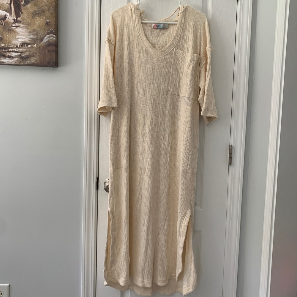 Free People Beach Hooded Gauze Maxi Dress Ivory Cotton Boho Slit Hem Medium